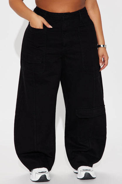 Alexandra Cargo Twill Wide Leg Barrel Pant - Black Wash