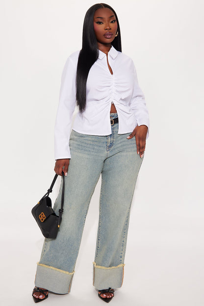 All The While Cuffed Wide Leg Jeans - Vintage Wash