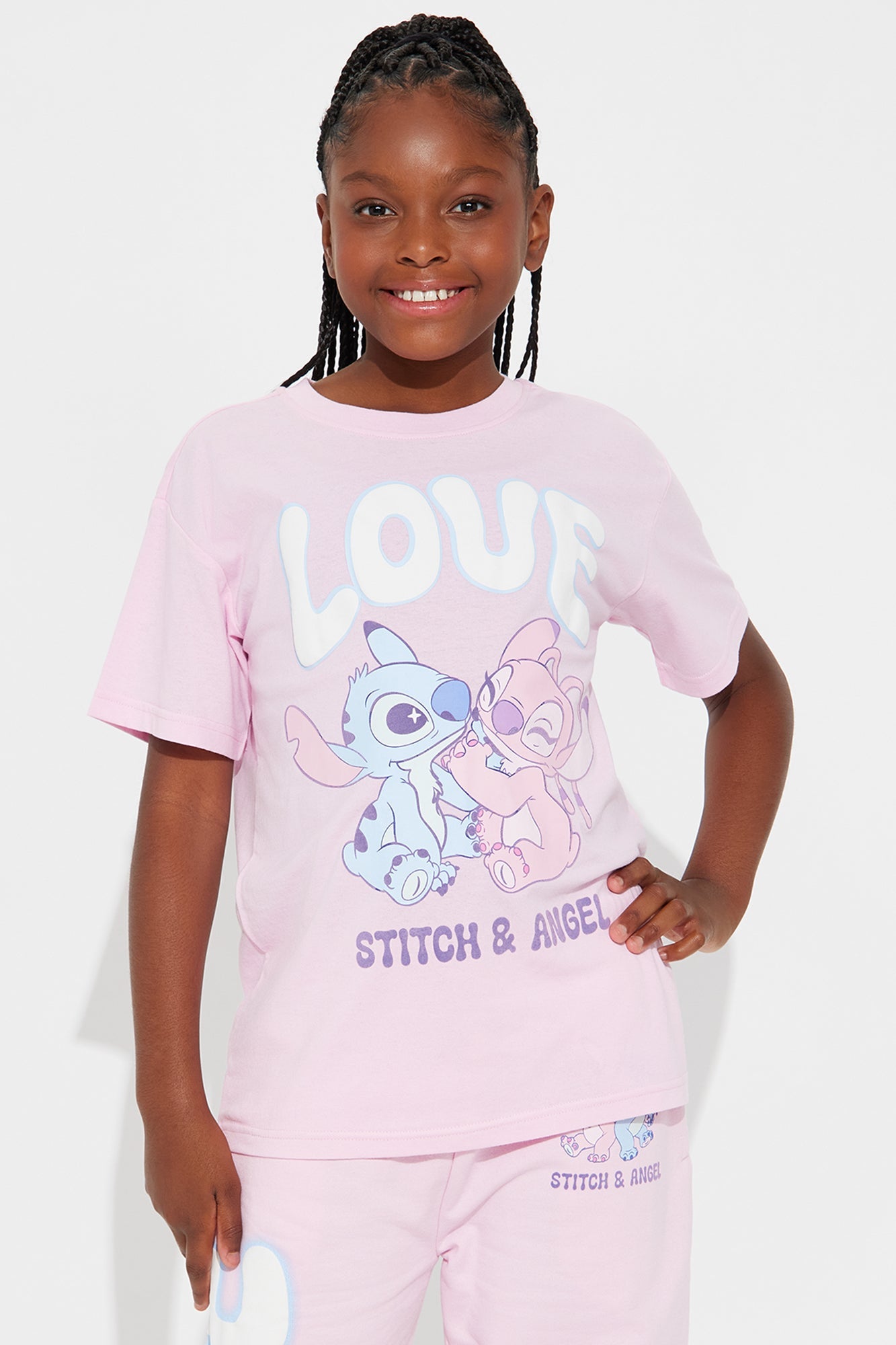 Mini Stitch and Angel Love Graphic T-Shirt And Pant Set - Pink
