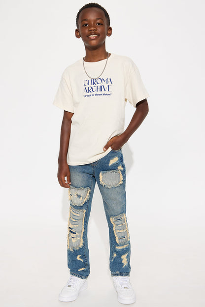 Mini Slim Patches With Fray Distressed Jeans - Vintage Blue Wash