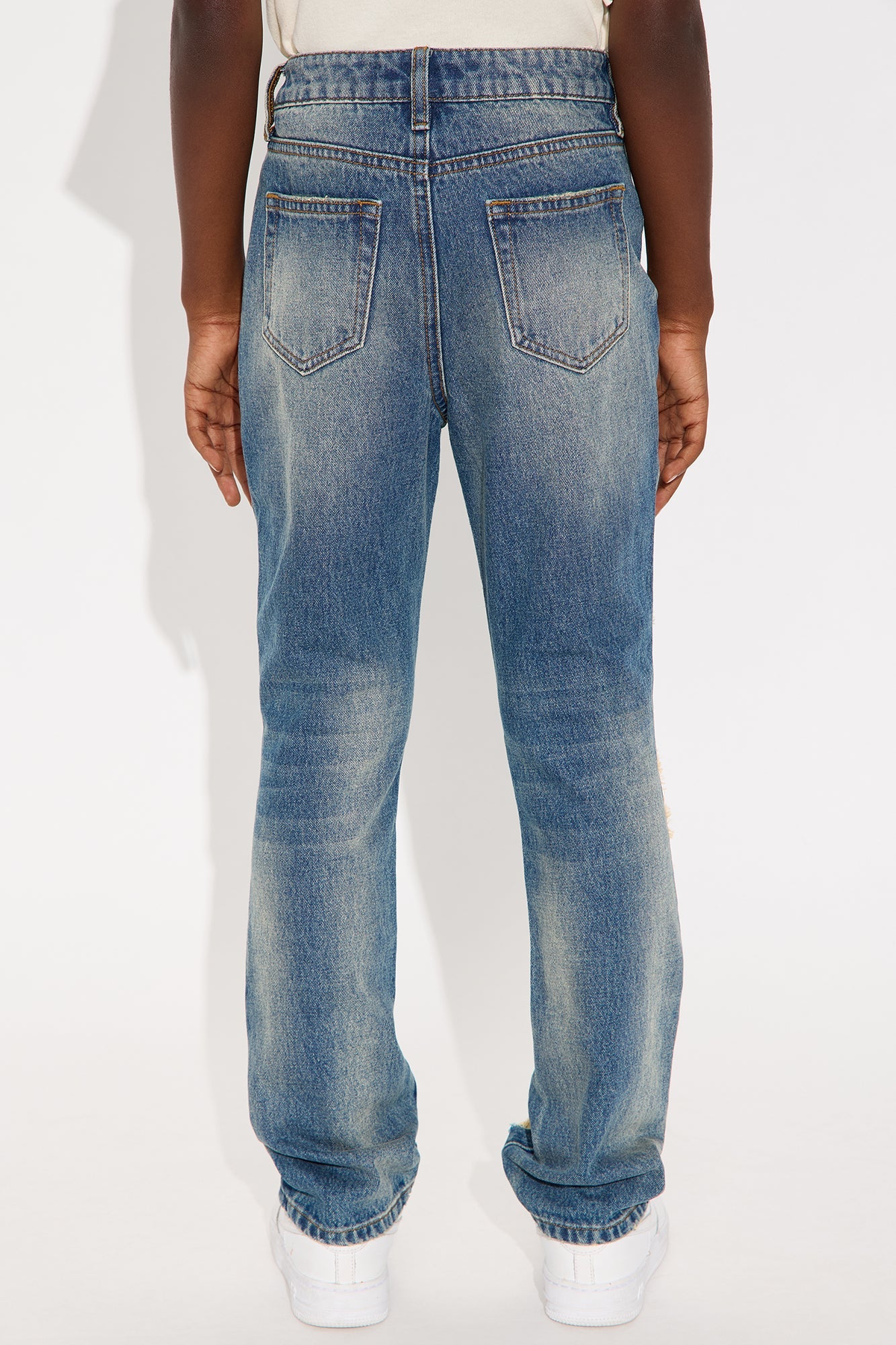 Mini Slim Patches With Fray Distressed Jeans - Vintage Blue Wash