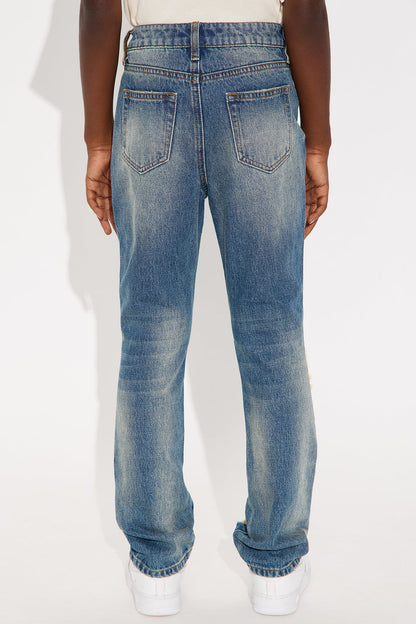Mini Slim Patches With Fray Distressed Jeans - Vintage Blue Wash