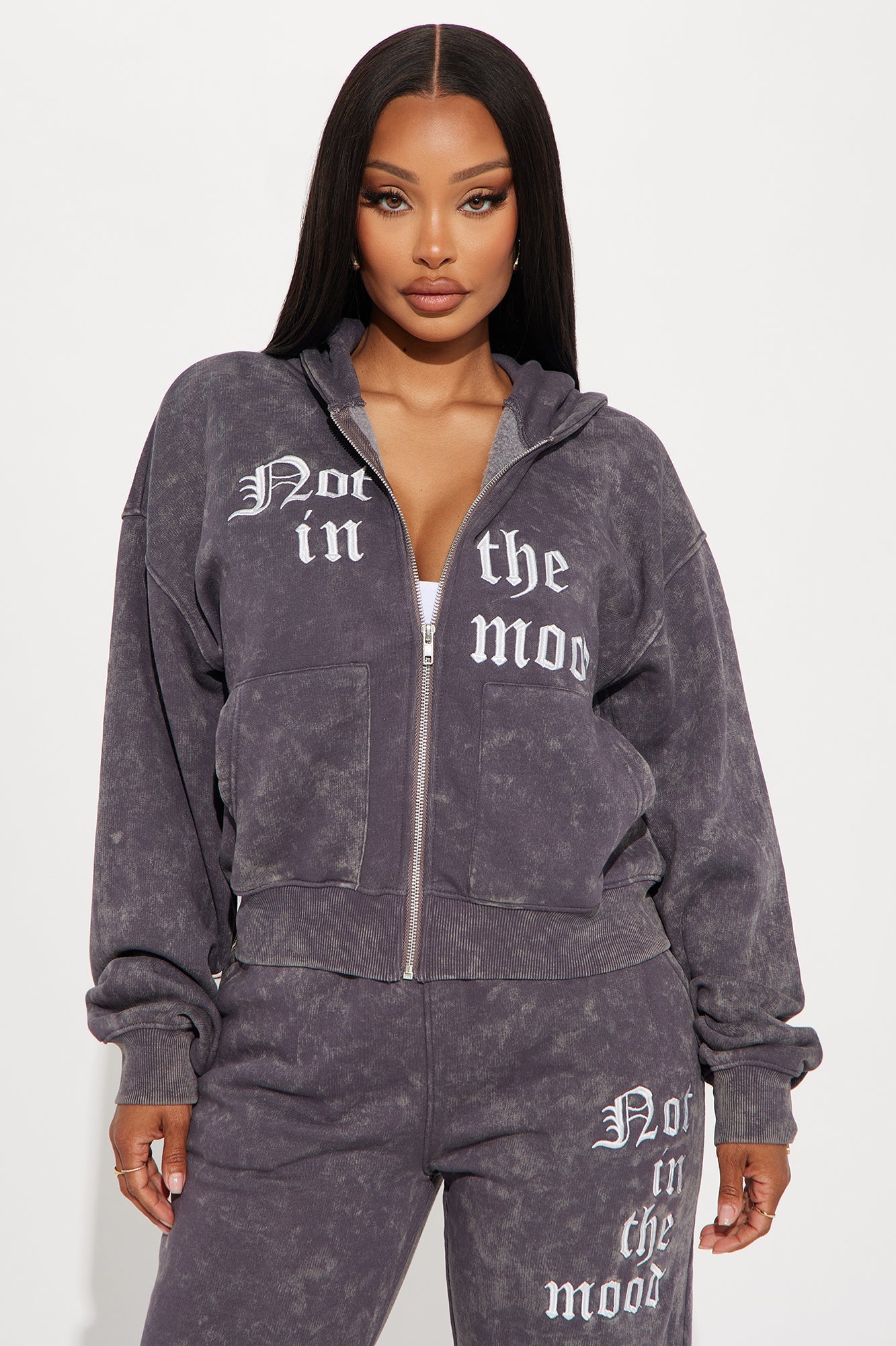 Not In The Mood Washed Zip Hoodie - Charcoal