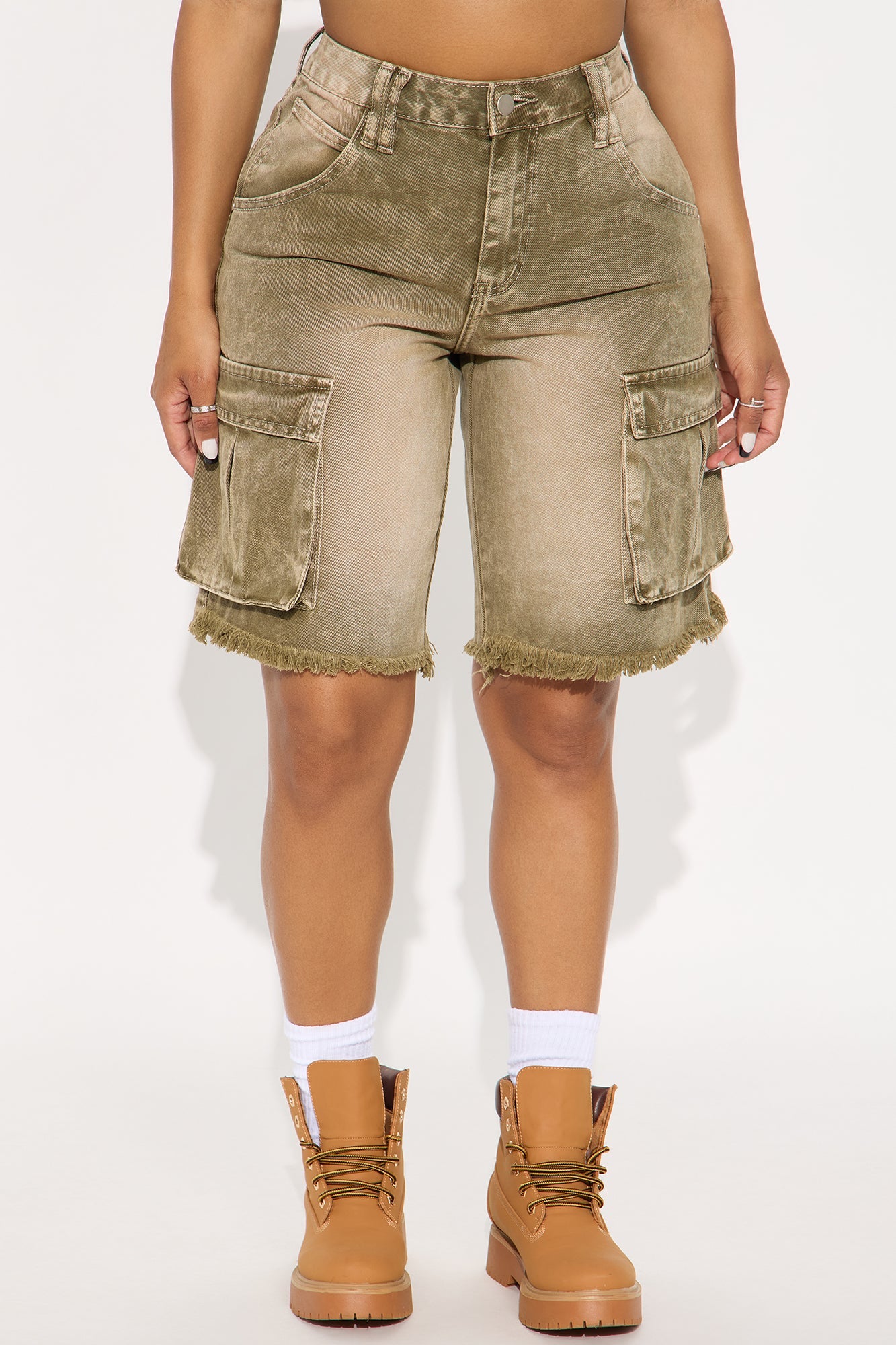Live And Learn Cargo Denim Jorts - Olive