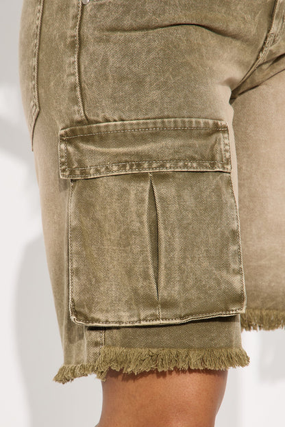Live And Learn Cargo Denim Jorts - Olive