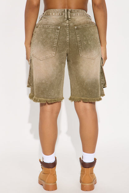 Live And Learn Cargo Denim Jorts - Olive