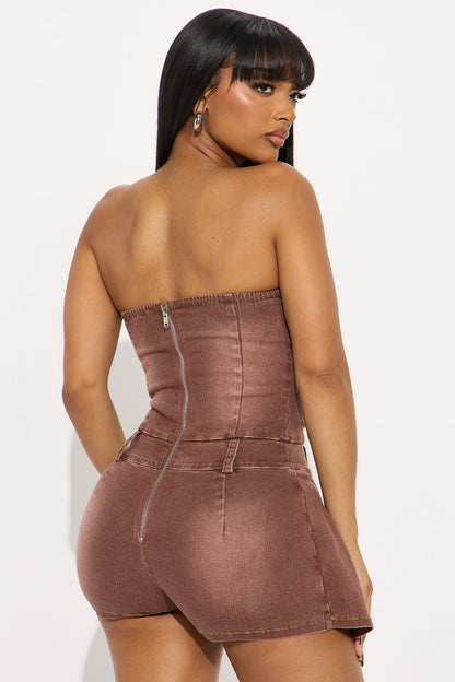 Ariella Denim Studded Strapless Romper - Brown