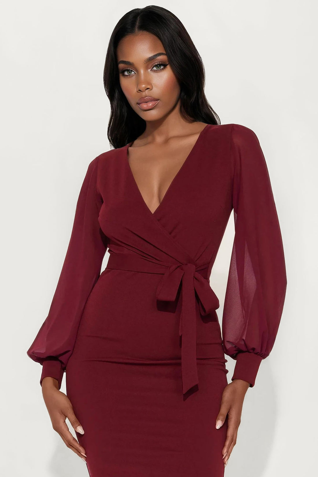 Renee Surplice Tie Waist Midi Dress - Wine
