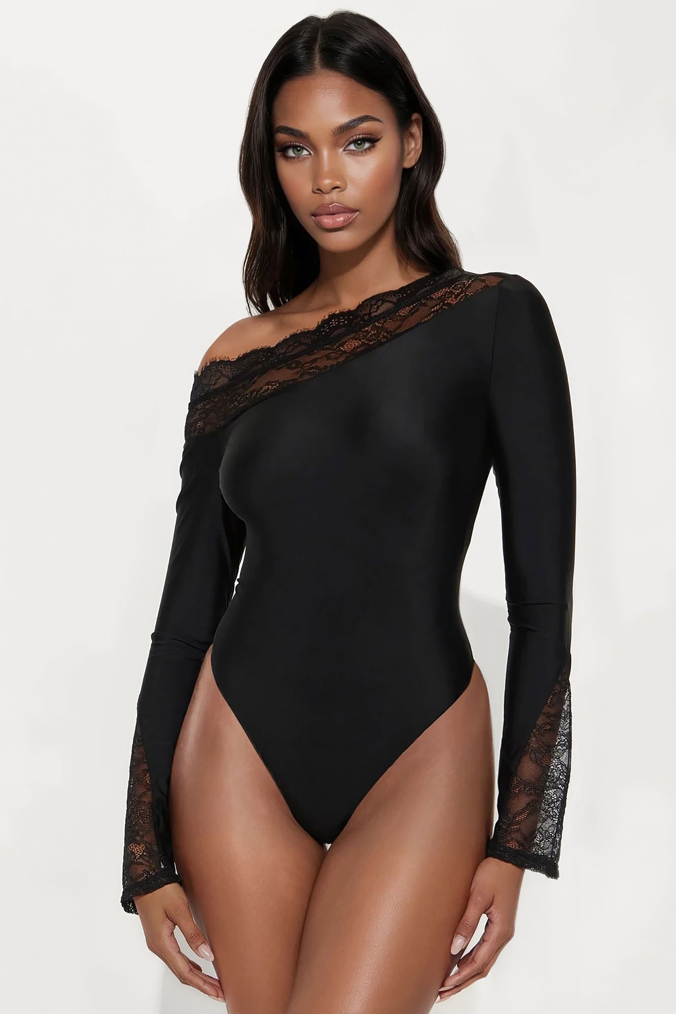 Château Living Off Shoulder Lace Trim Bodysuit - Black