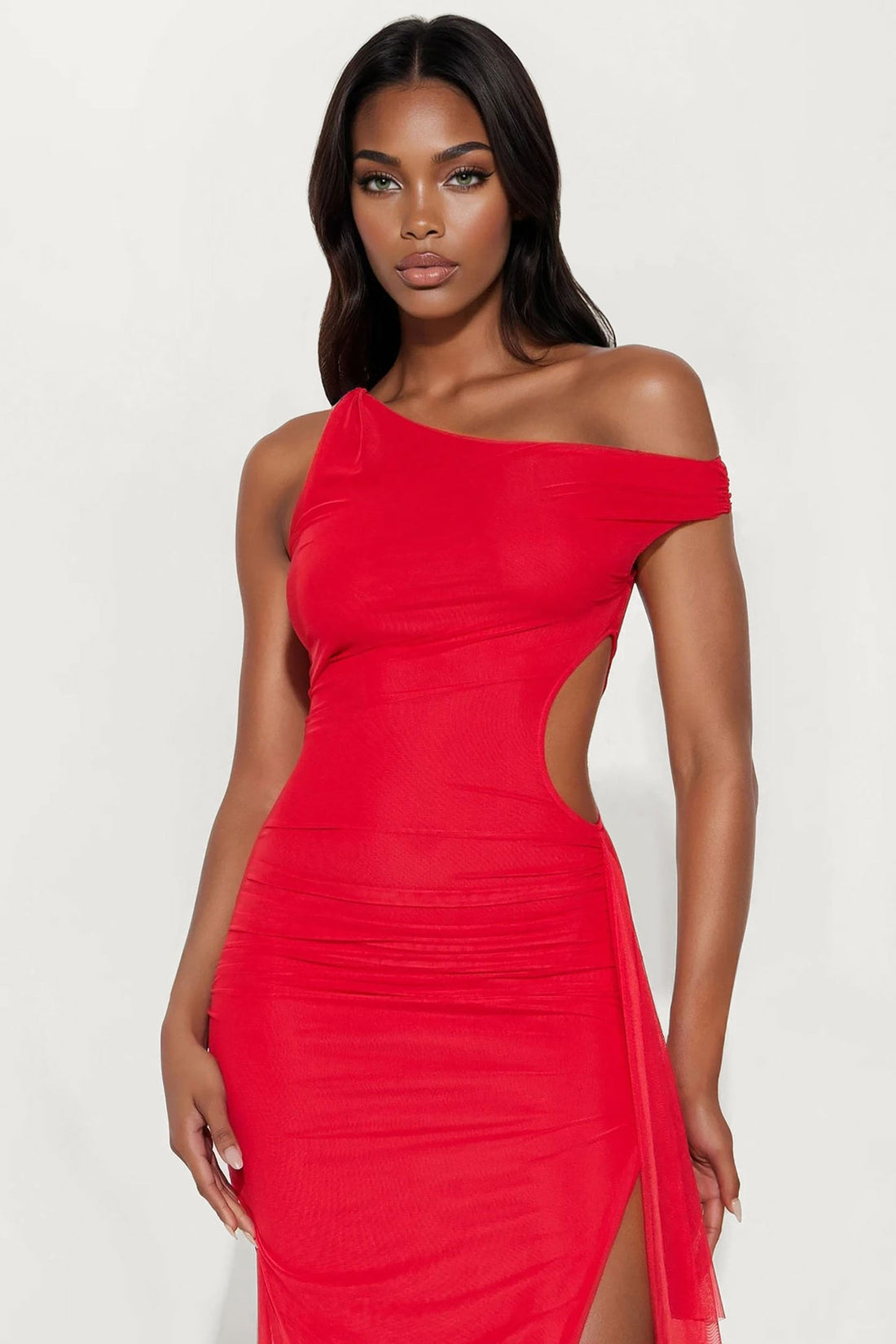 Maria Draped Mesh Maxi Dress - Red