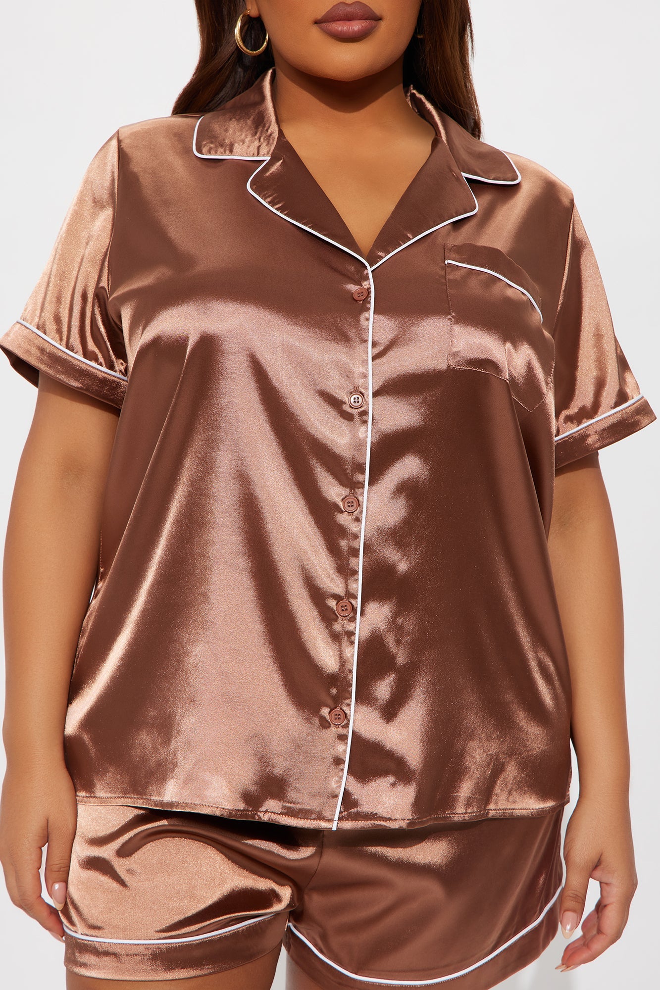 Bedtime Stretch Satin Short Sleeve PJ Short Set - Mocha