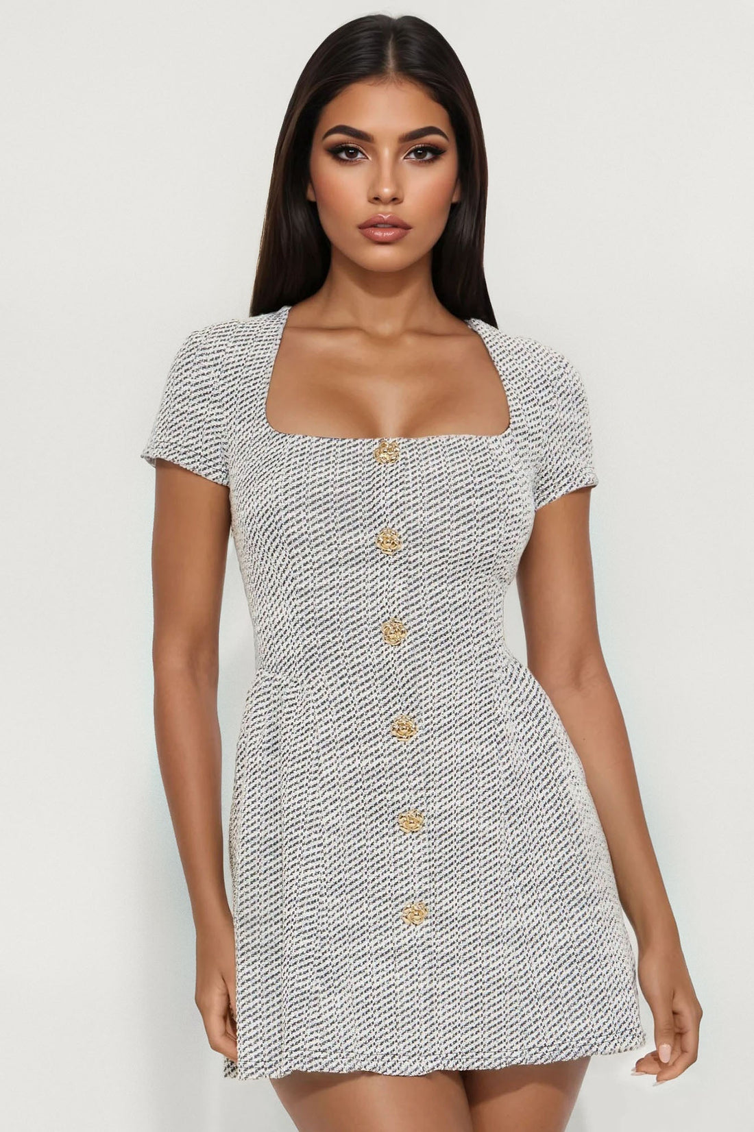 Camryn Stretch Tweed Mini Dress - Black