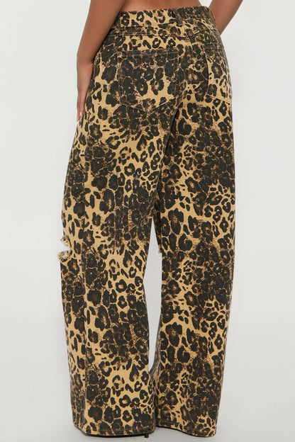 Lure You In Leopard Print Wide Leg Jeans - Olive/combo