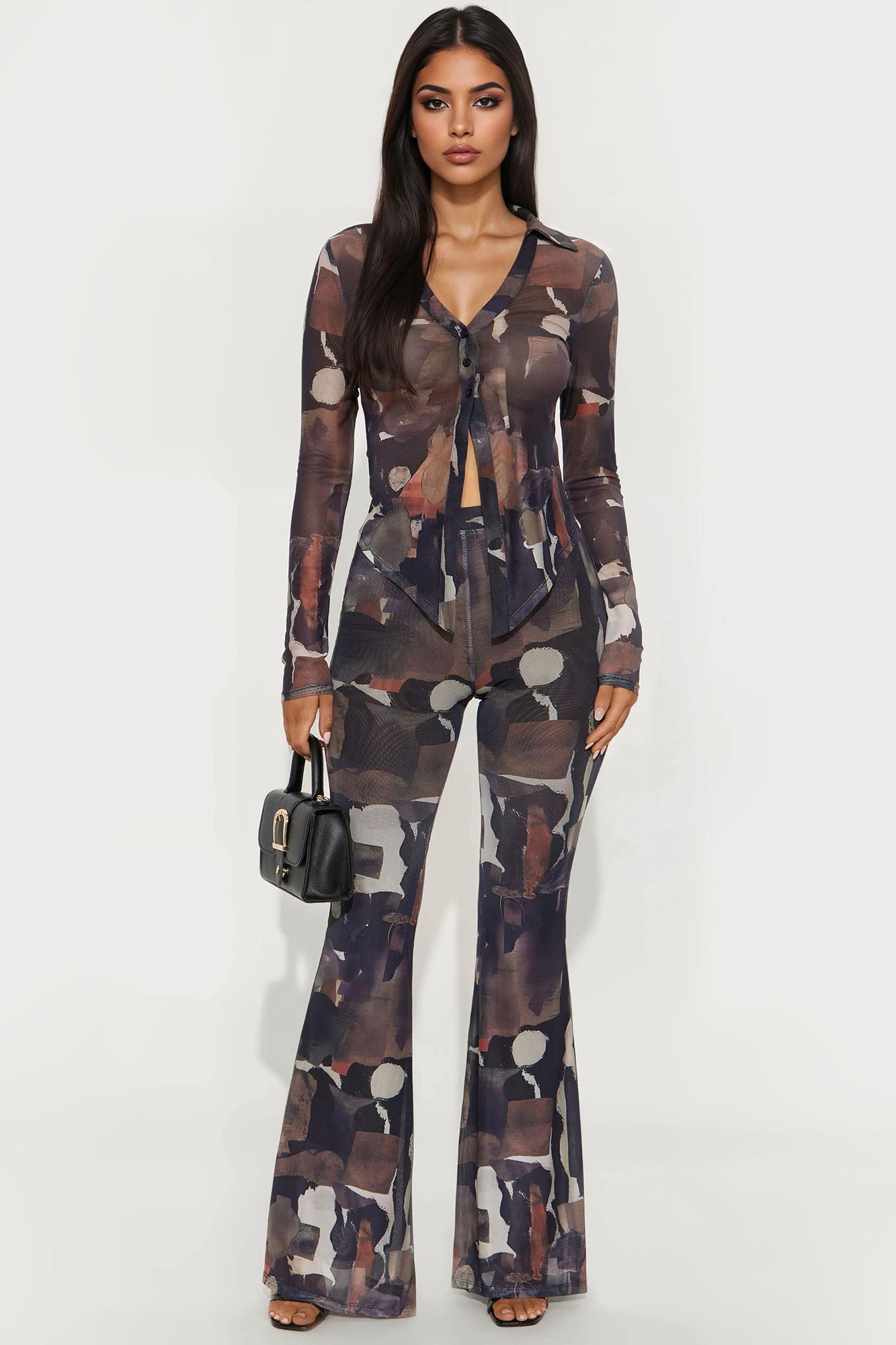 Gabriella Mesh Pant Set - Brown/combo