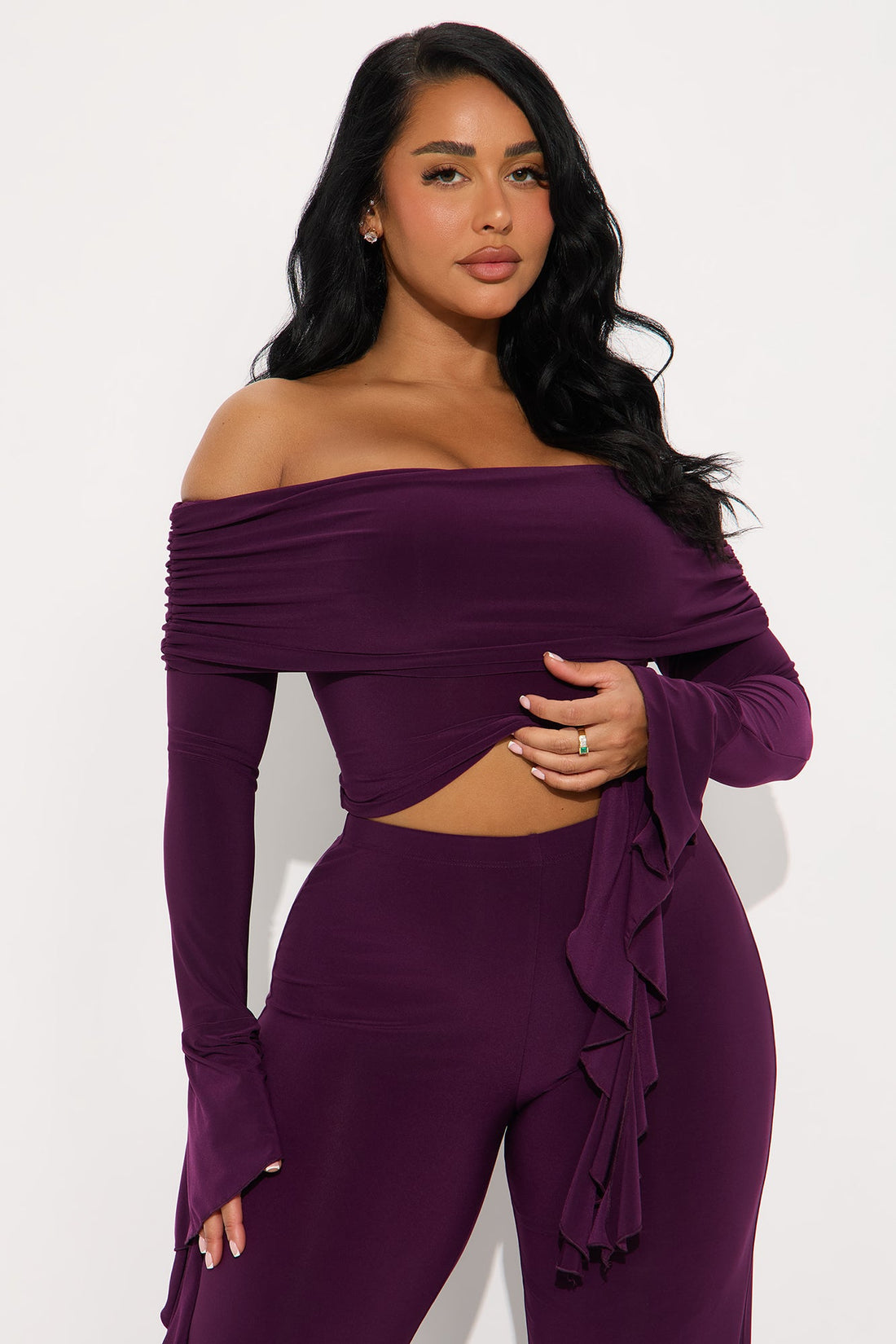 On Again Off Shoulder Top And Pant Set - Eggplant