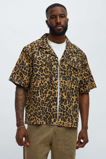 Cuban Collar Cheetah Print Button UpShirt - Tan/Multi