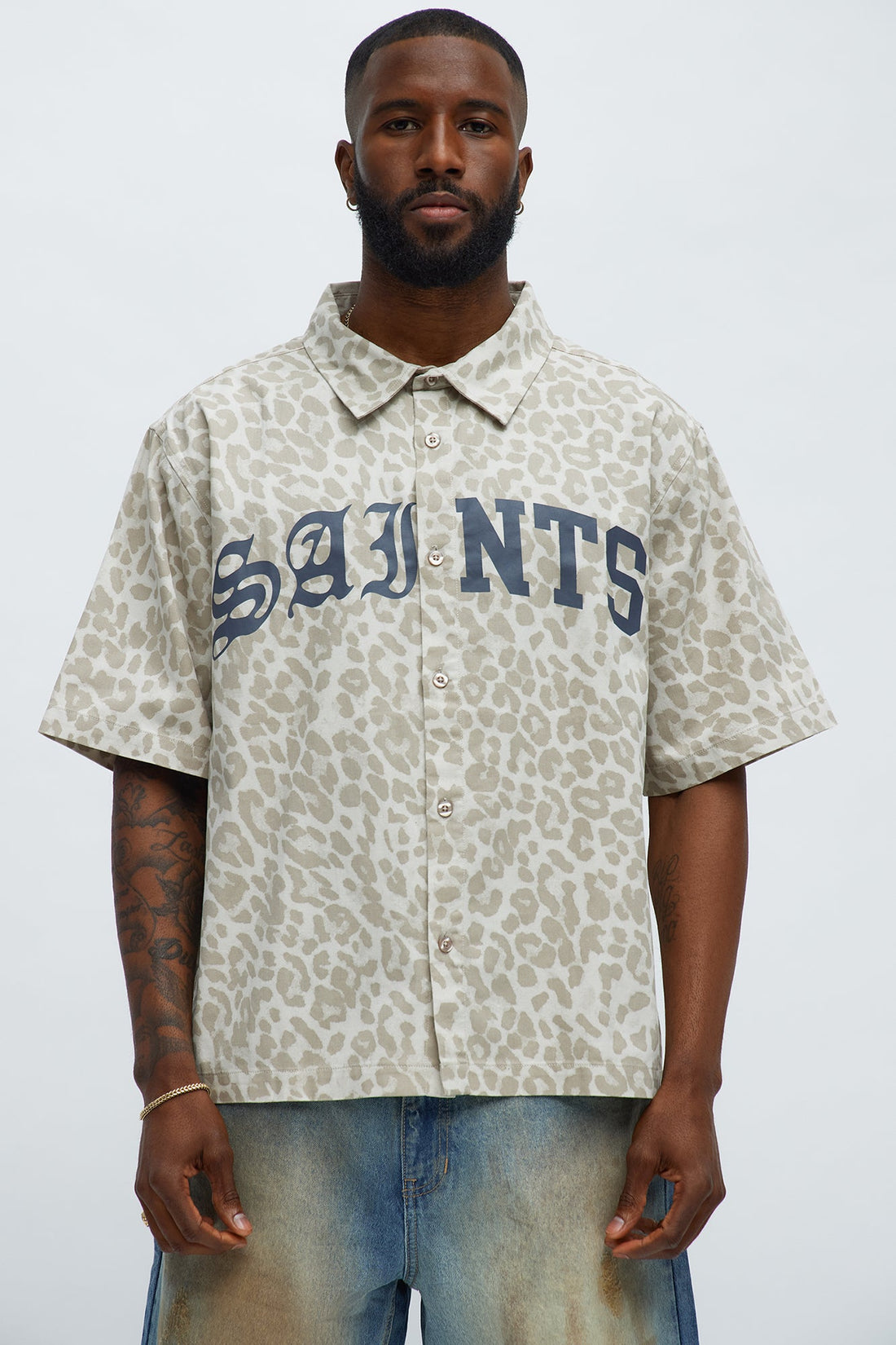 Relaxed Fit Leopard Saints Button Up Shirt - Tan/Multi