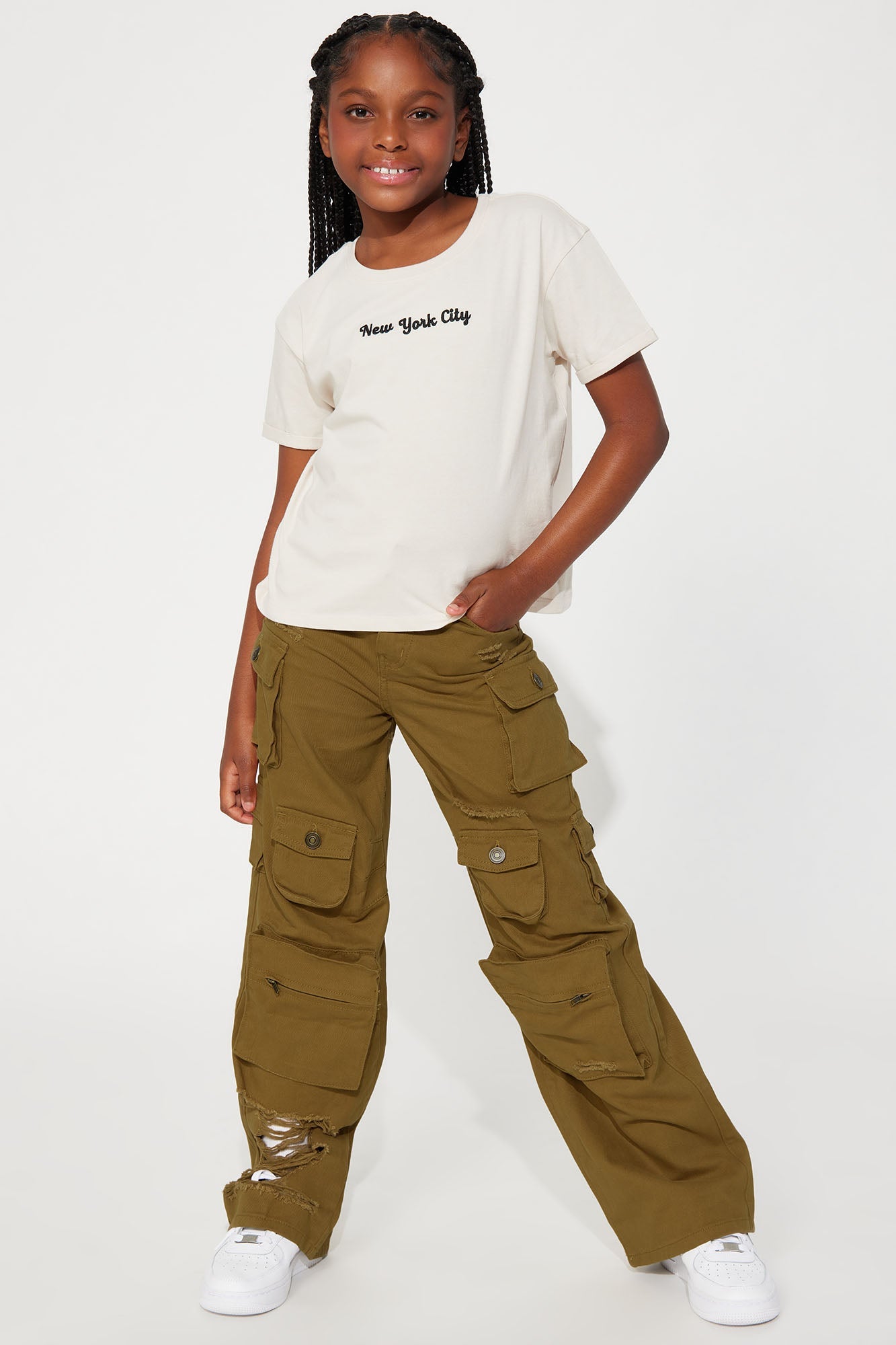 Mini Lily High Rise Distressed Cargo Jeans - Camel