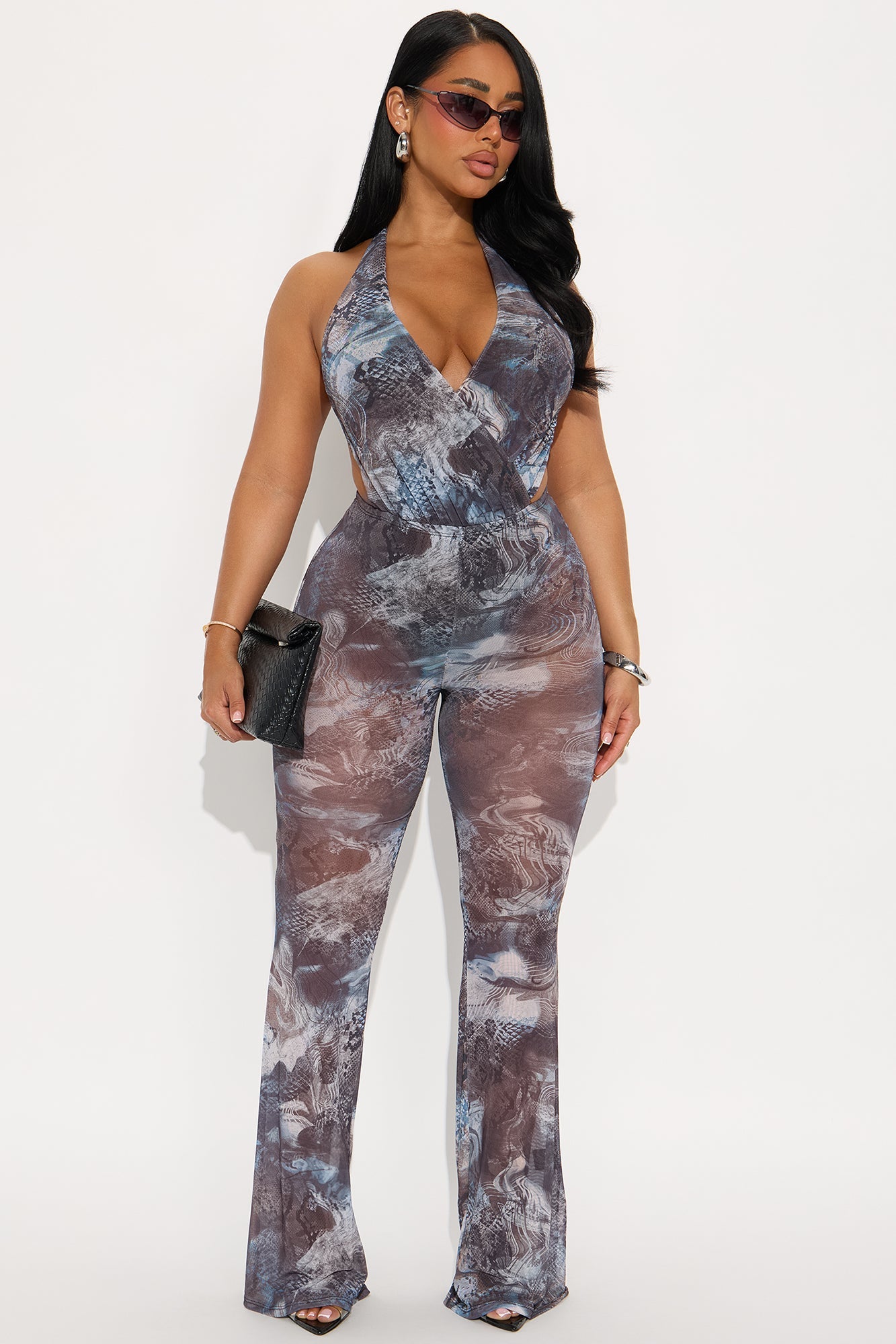 Cornelia Mesh Halter Jumpsuit - Blue/combo