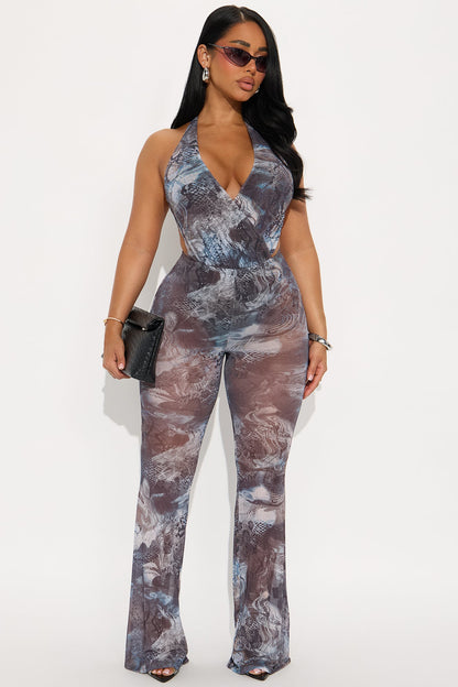 Cornelia Mesh Halter Jumpsuit - Blue/combo