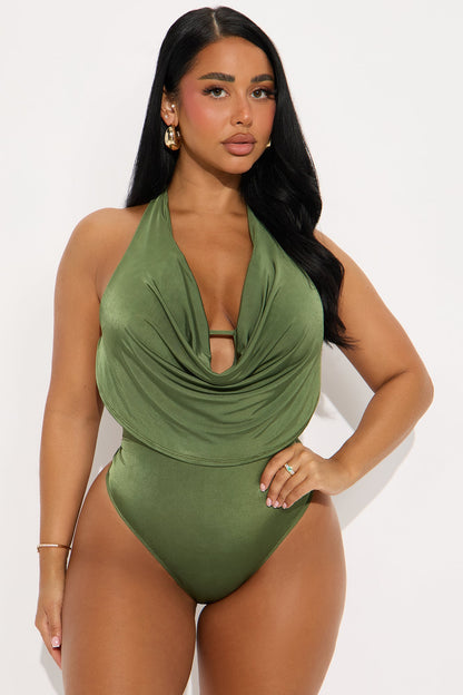Moving On Cowl Neck Halter Bodysuit - Olive