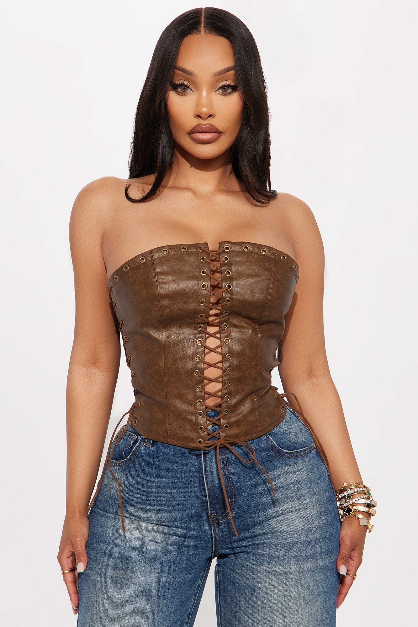 A Piece Of Work Faux Leather Lace Up Top - Brown
