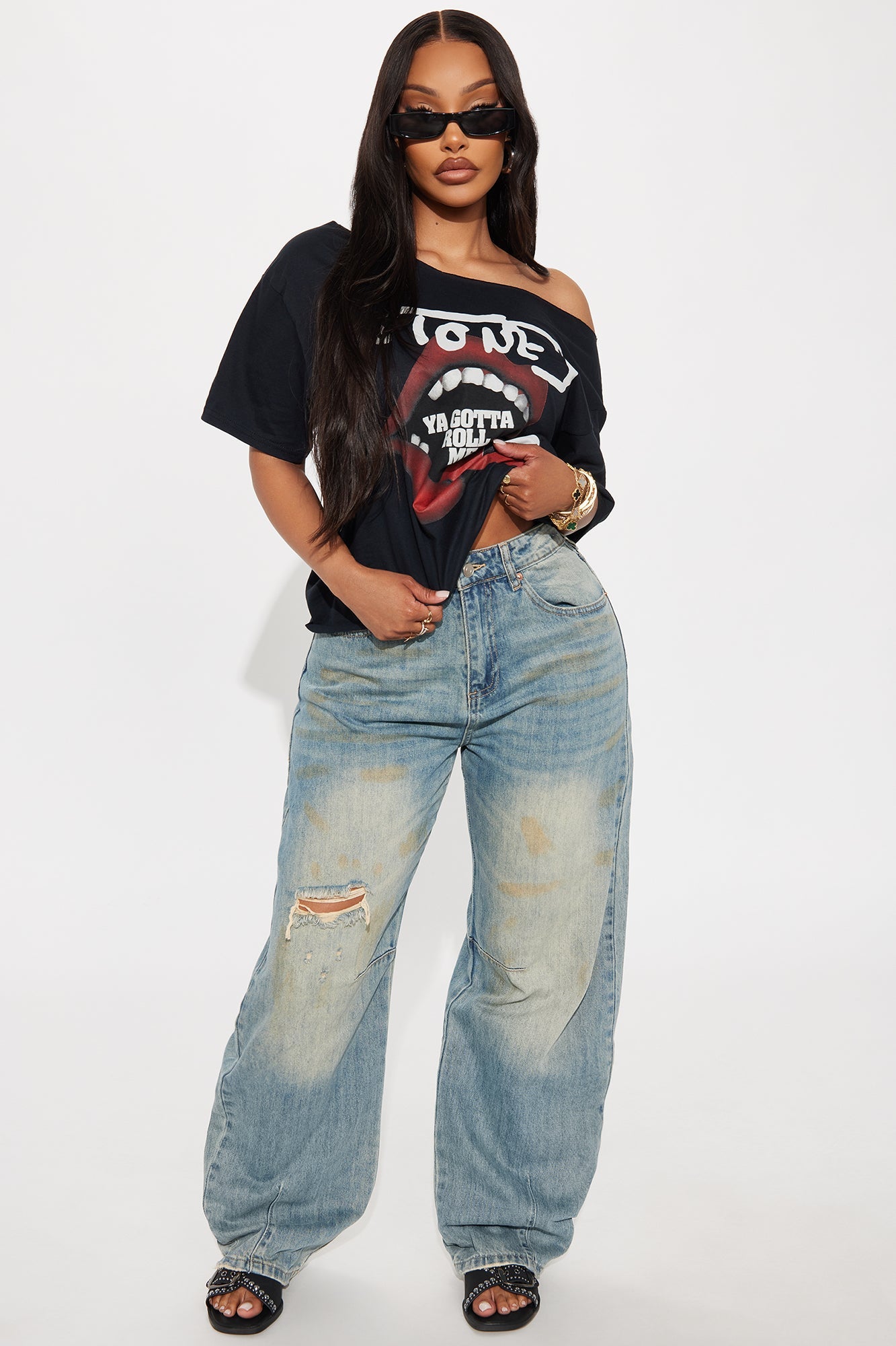 The Rolling Stones Dice Off Shoulder Tee - Black