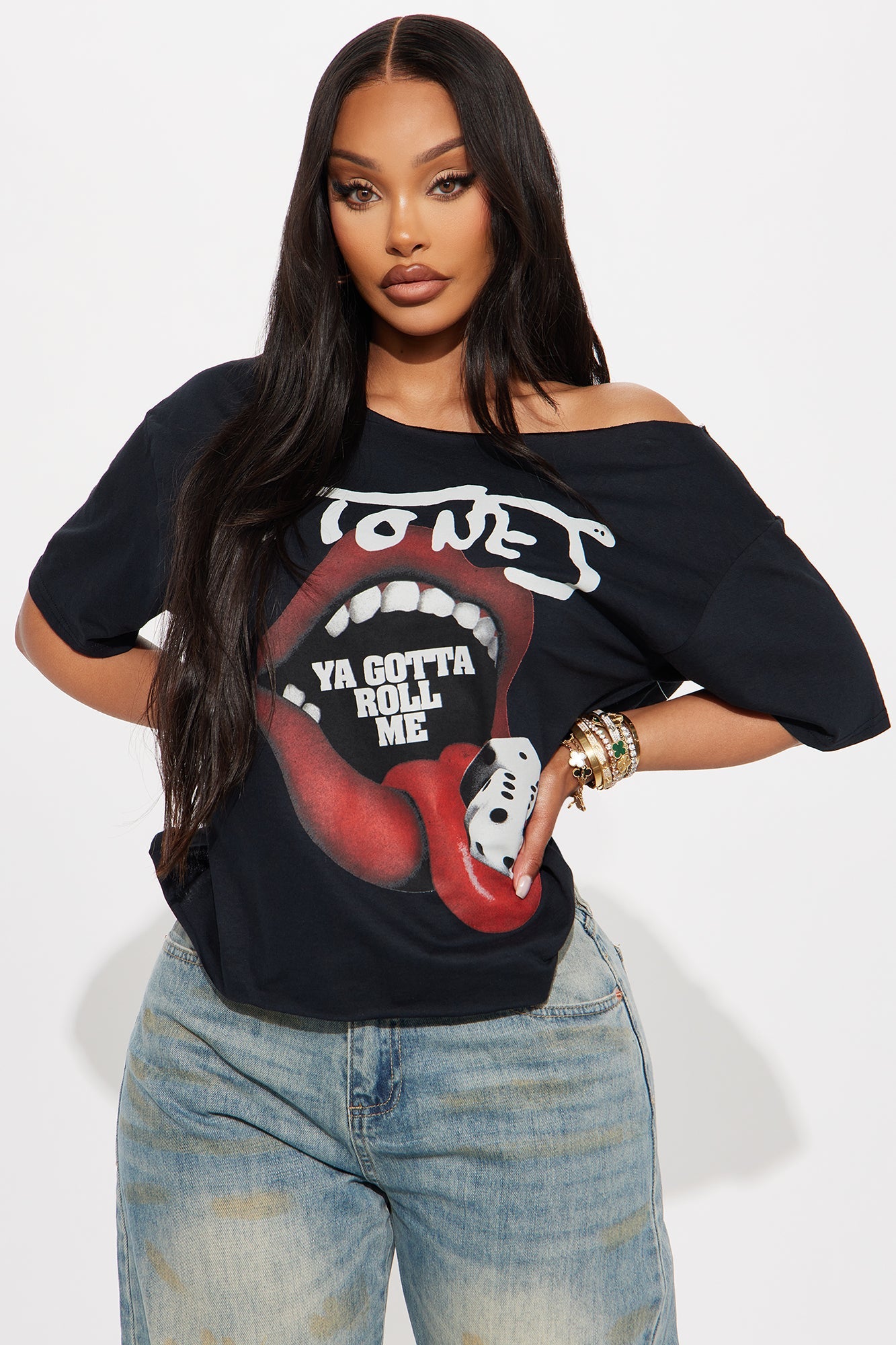 The Rolling Stones Dice Off Shoulder Tee - Black