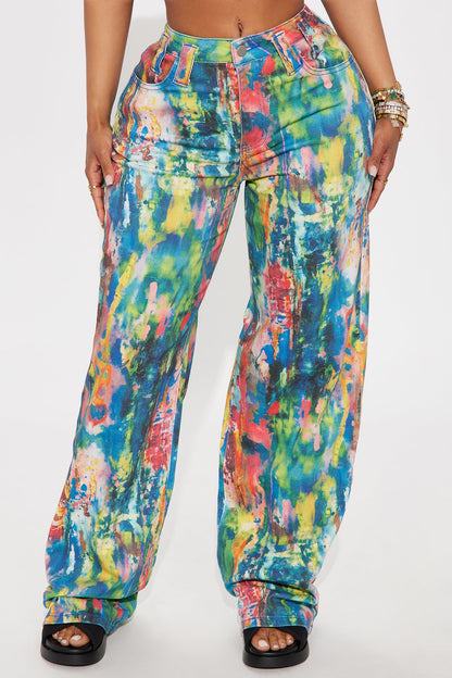 Tripped Up Printed Wide Leg Jeans - Multi Color
