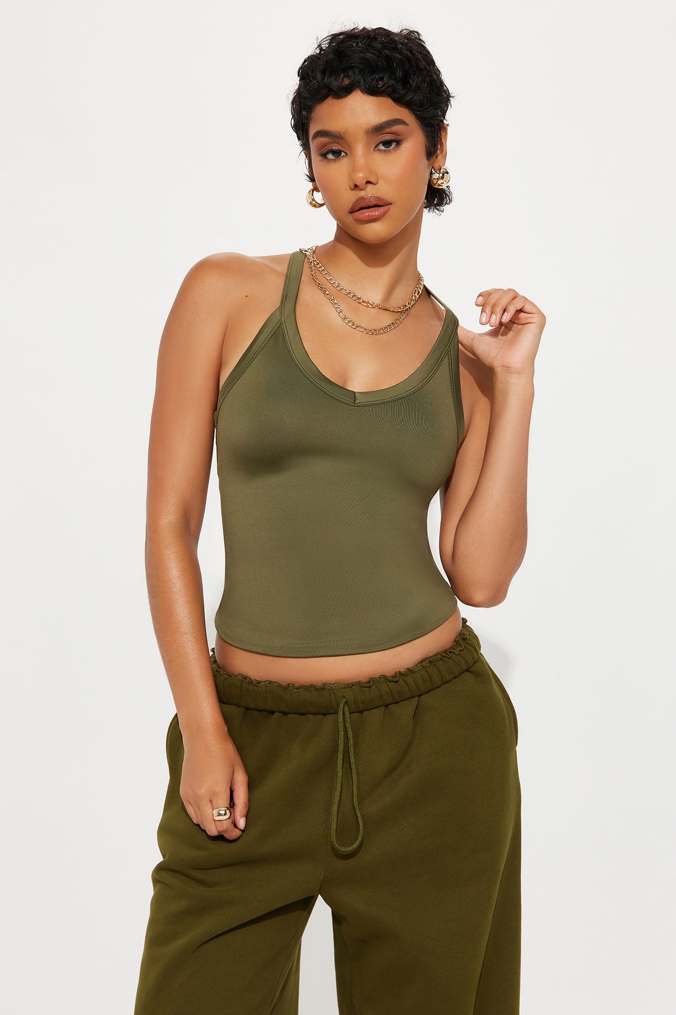 Contour Double Lined V-Neck Tank Top - Military Green