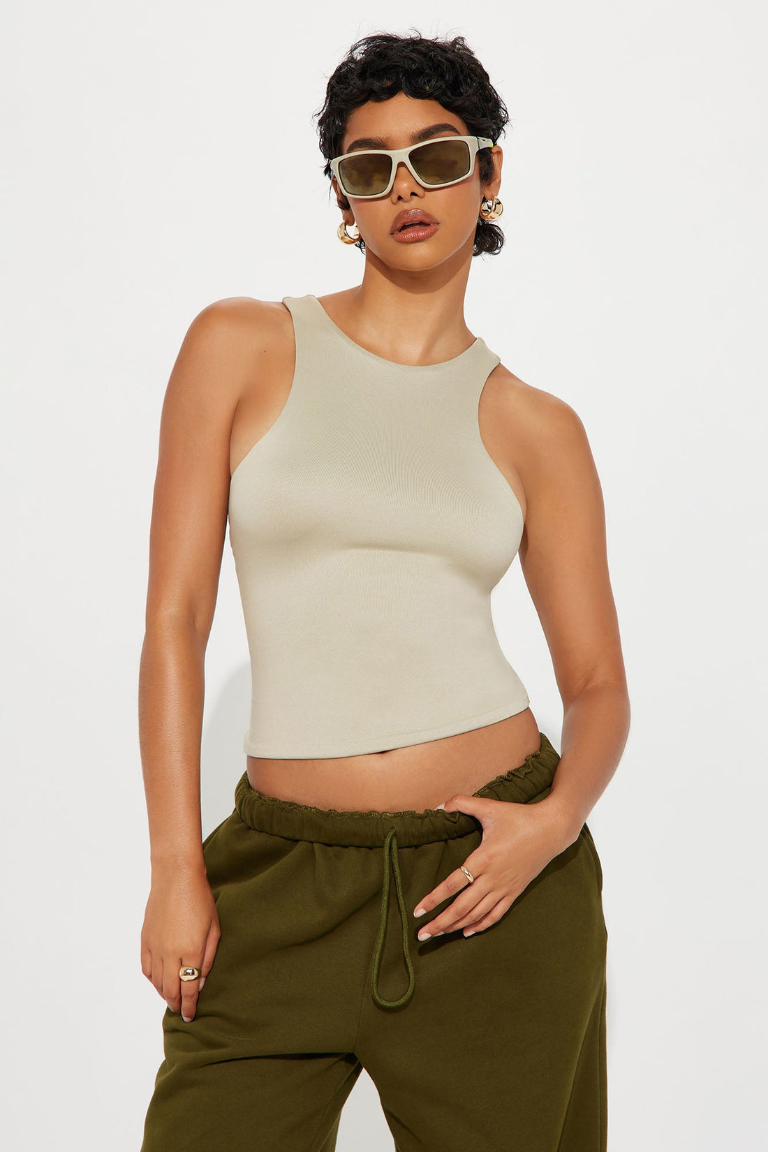 Contour Double Lined High Neck Tank Top - Stone