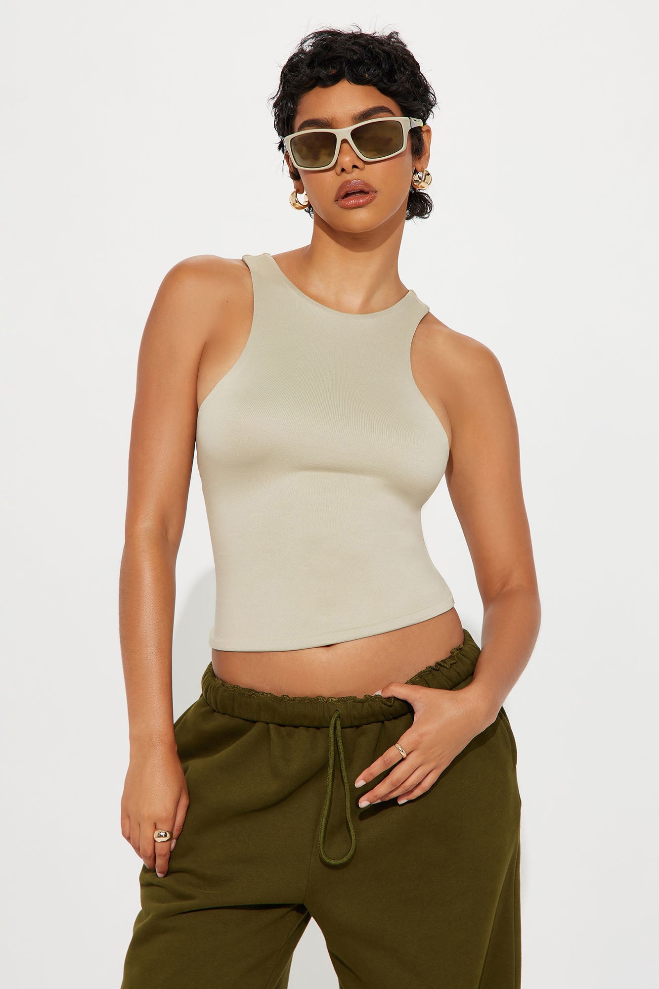 Contour Double Lined High Neck Tank Top - Stone