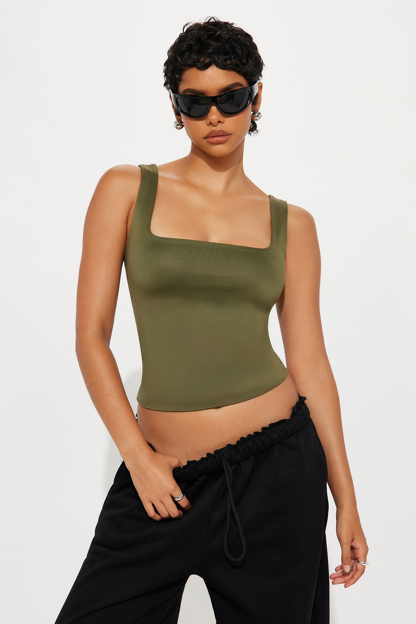 Contour Double Lined Square Neck Tank Top - Military Green