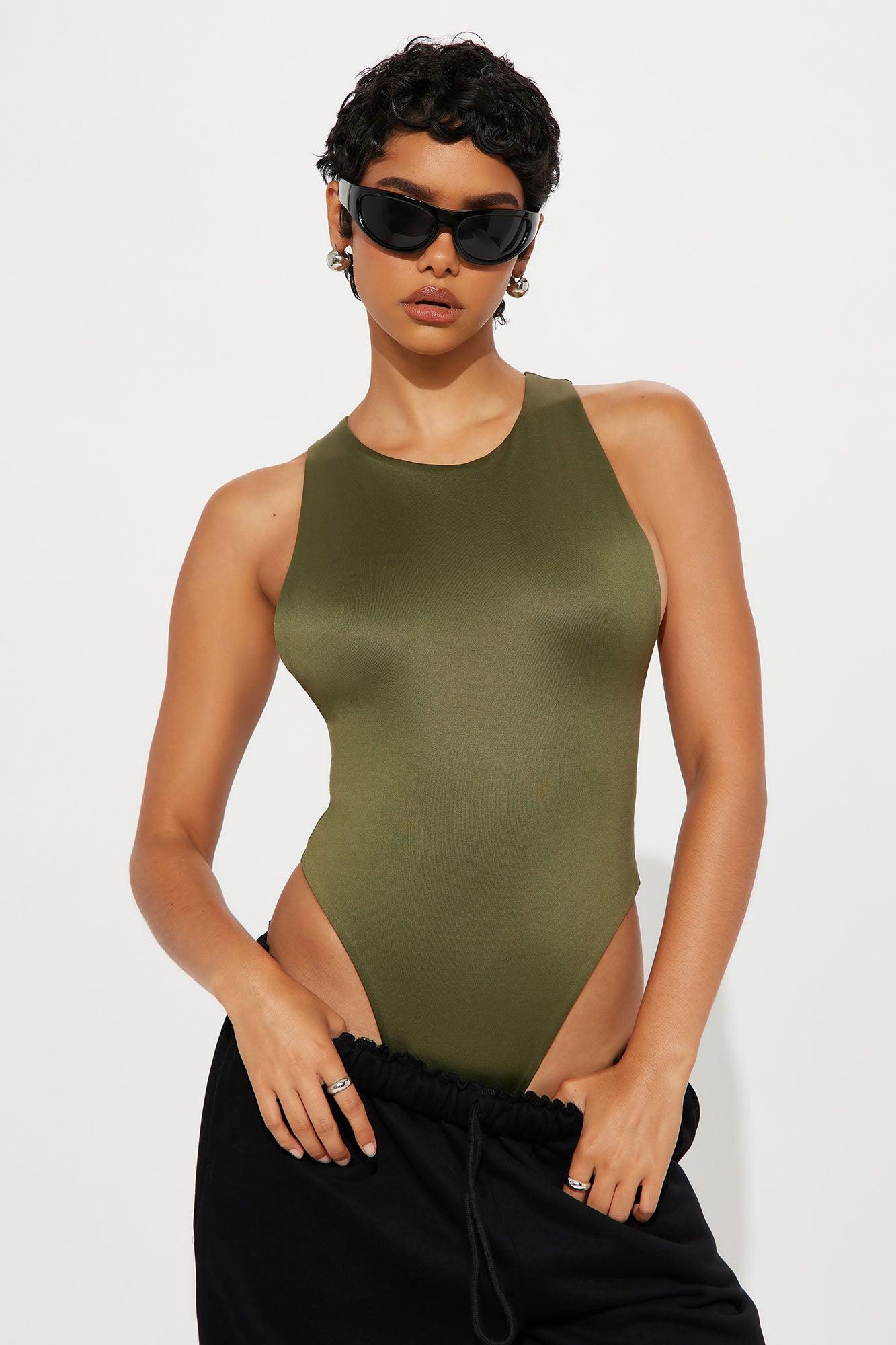 Contour Double Lined Scoop Neck Bodysuit - Military Green
