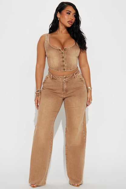 Not My First Rodeo Denim Pant Set - Brown