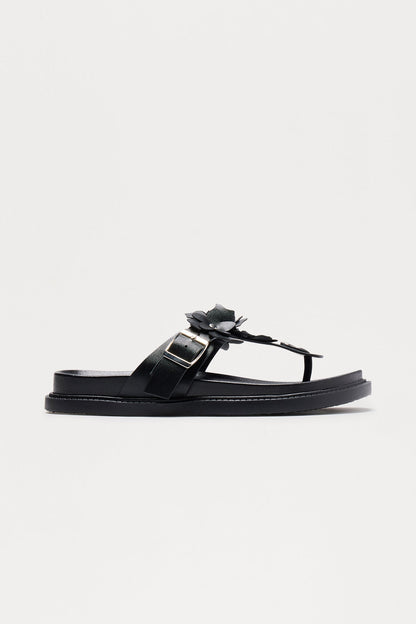 Matcha Buckle Faux Leather Flip Flops - Black