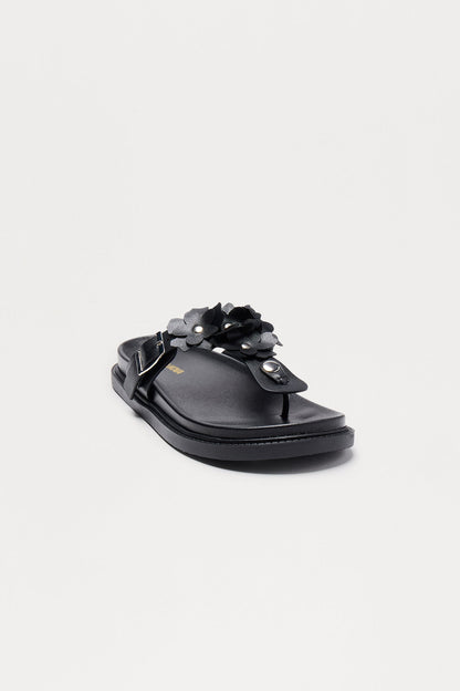 Matcha Buckle Faux Leather Flip Flops - Black