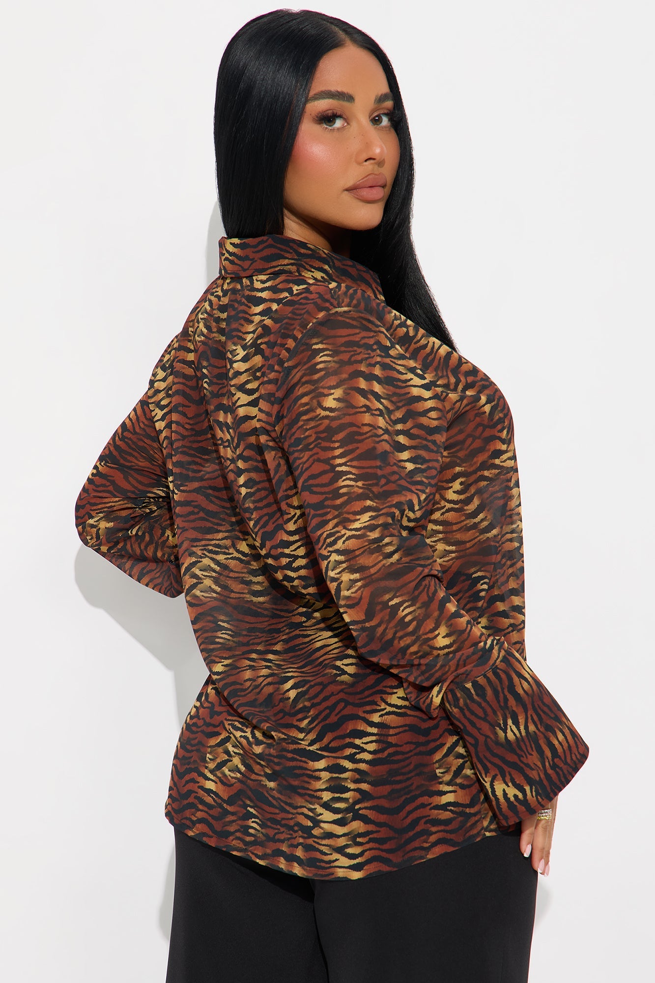 Urban Safari Animal Print Chiffon Button Up Shirt - Brown/combo