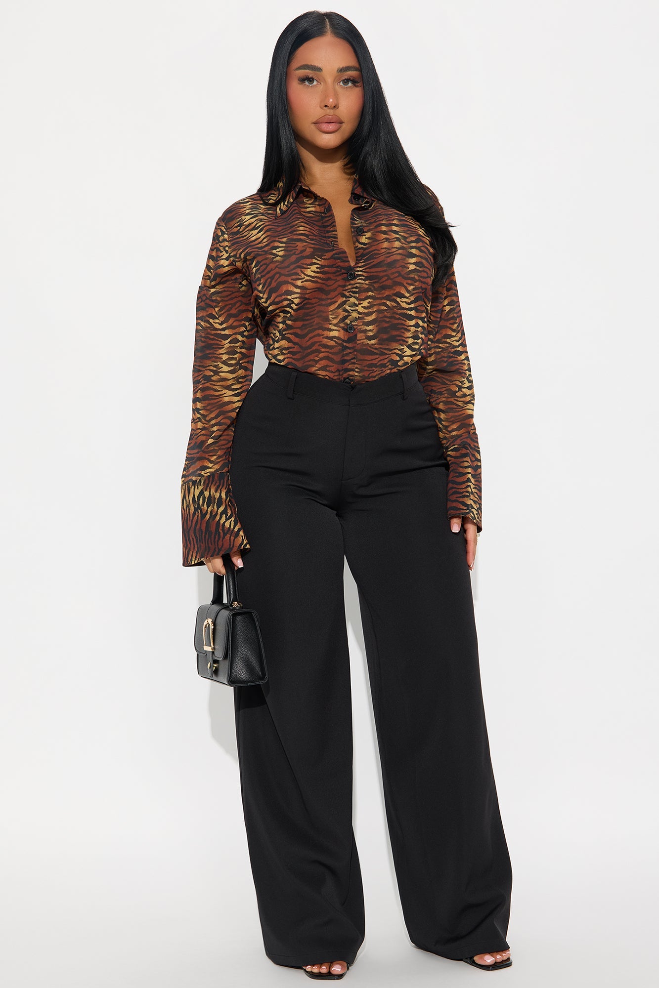 Urban Safari Animal Print Chiffon Button Up Shirt - Brown/combo