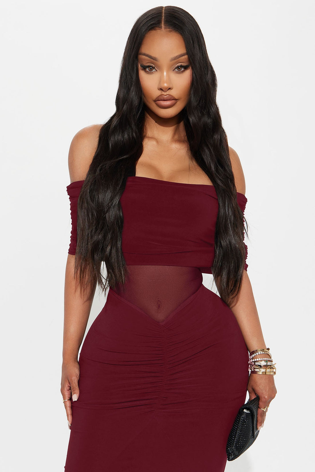 Jesika Ruched Off Shoulder Maxi Dress - Burgundy
