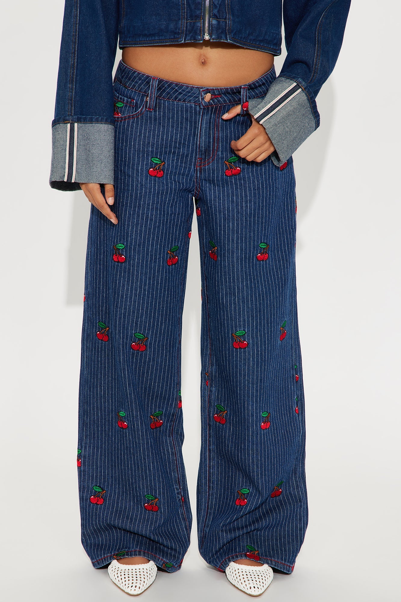 Sweetest Cherry Low Rise Wide Leg Jeans - Medium Wash