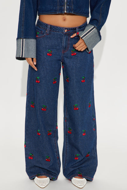 Sweetest Cherry Low Rise Wide Leg Jeans - Medium Wash