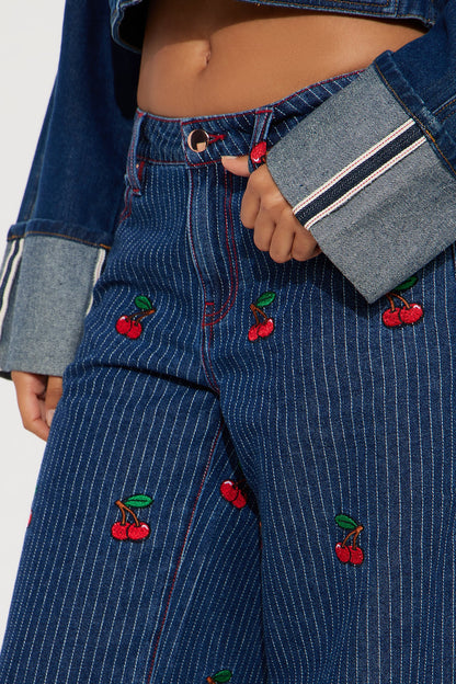 Sweetest Cherry Low Rise Wide Leg Jeans - Medium Wash