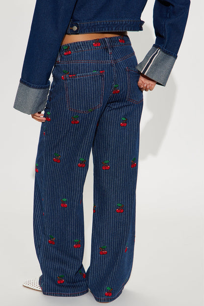 Sweetest Cherry Low Rise Wide Leg Jeans - Medium Wash