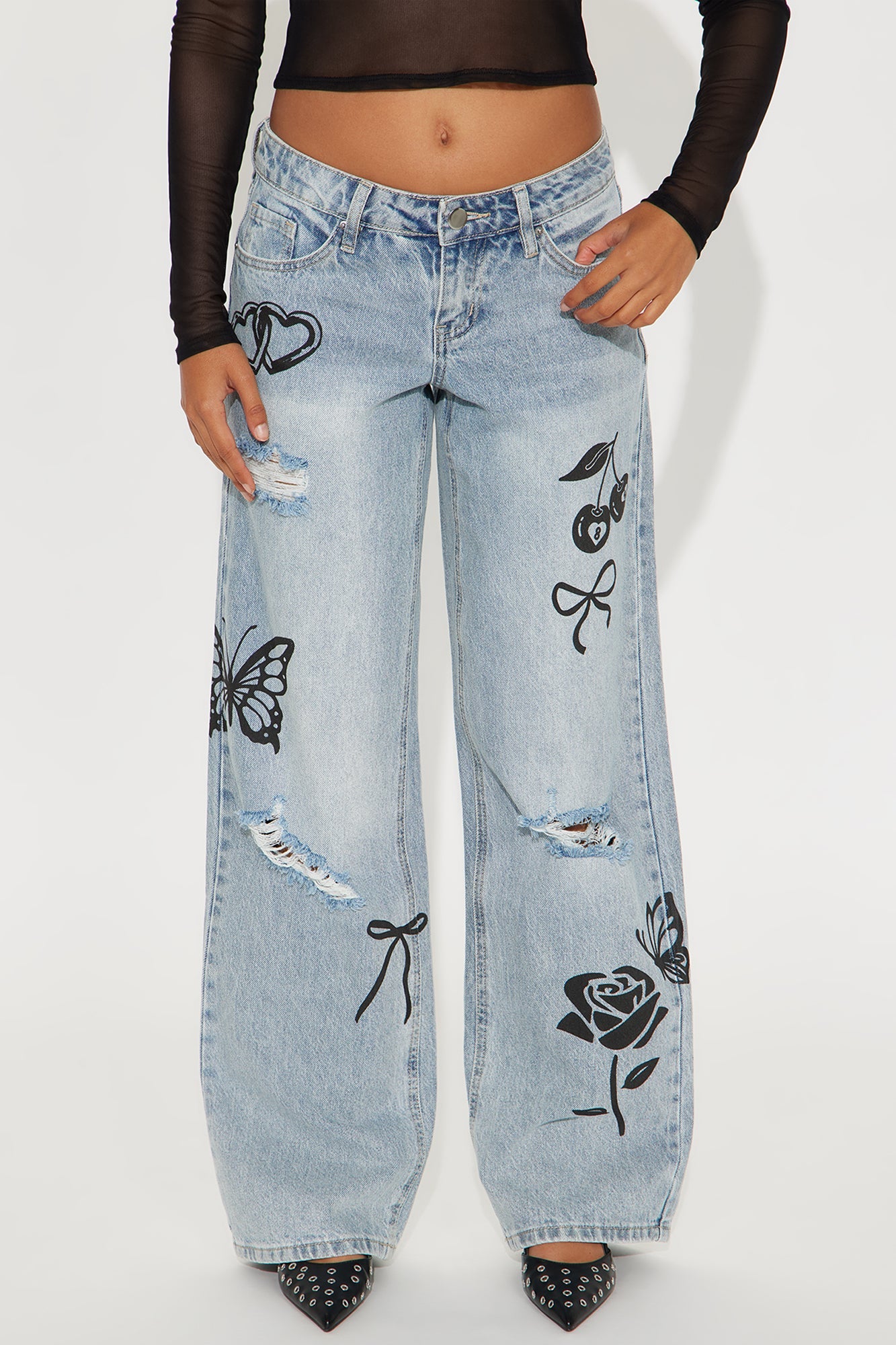 Permanently Yours Printed Wide Leg Jeans - Light Wash