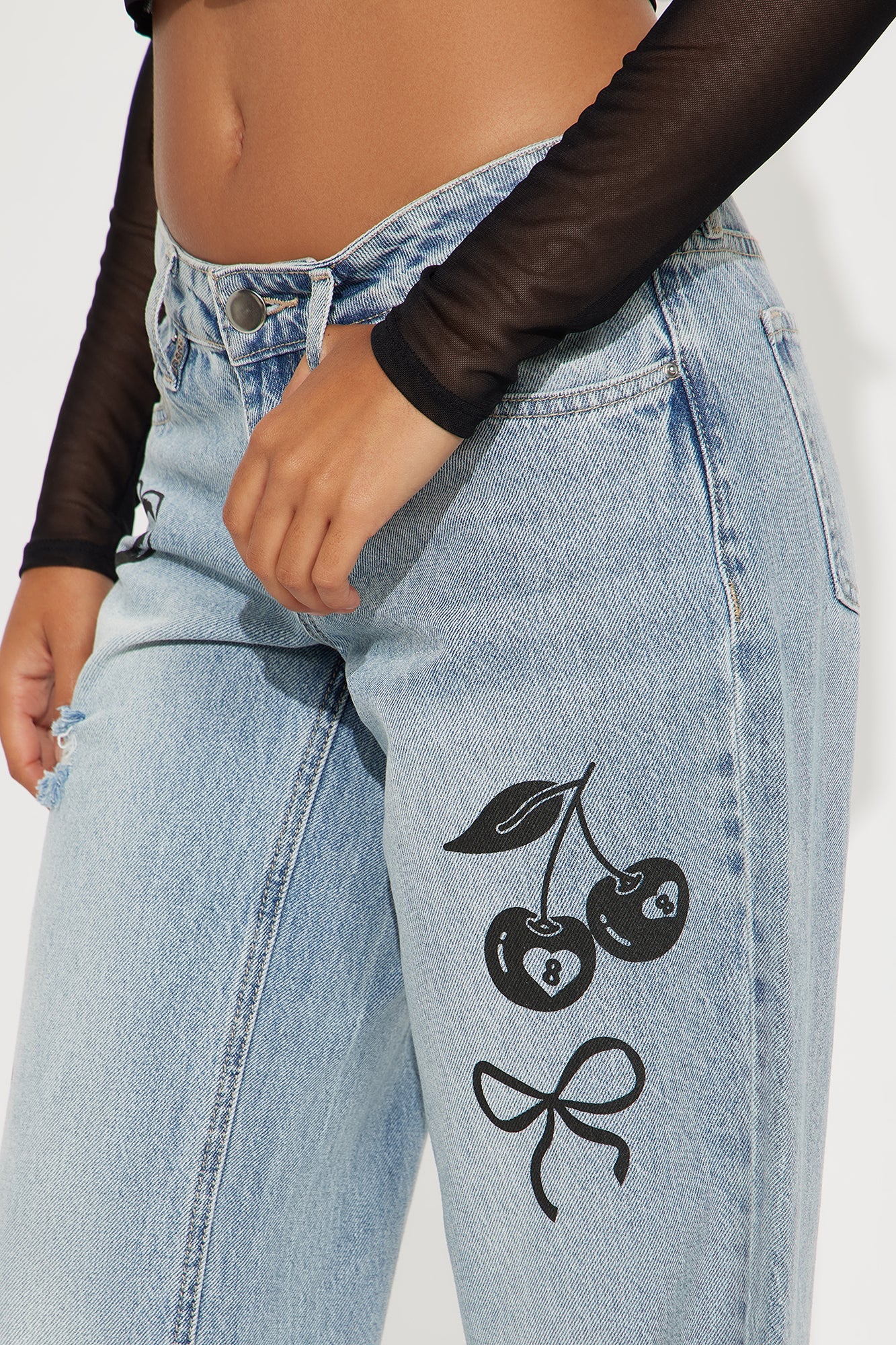 Permanently Yours Printed Wide Leg Jeans - Light Wash