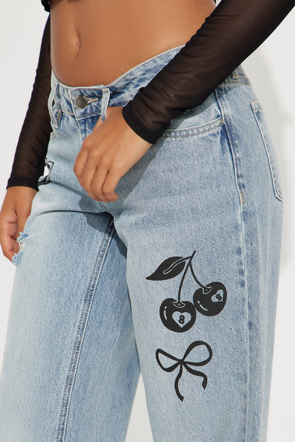 Permanently Yours Printed Wide Leg Jeans - Light Wash