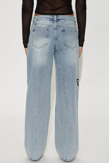 Permanently Yours Printed Wide Leg Jeans - Light Wash