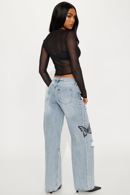 Permanently Yours Printed Wide Leg Jeans - Light Wash