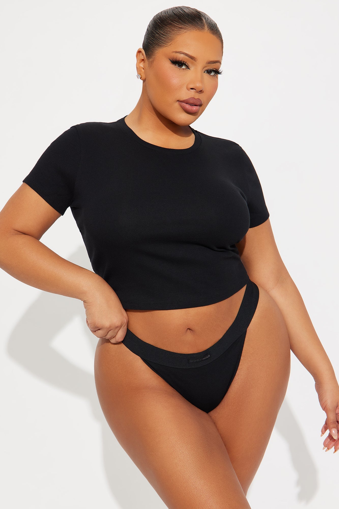 FN Mood TShirt And Thong 2 Piece Cotton Ribbed Set - Black